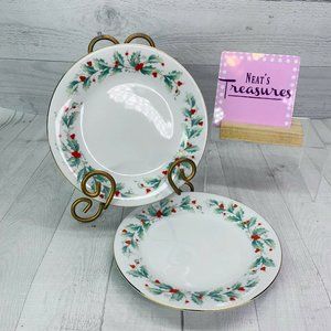 China Pearl NOEL Green Holly & Berries White Christmas China Salad Plates Set 2